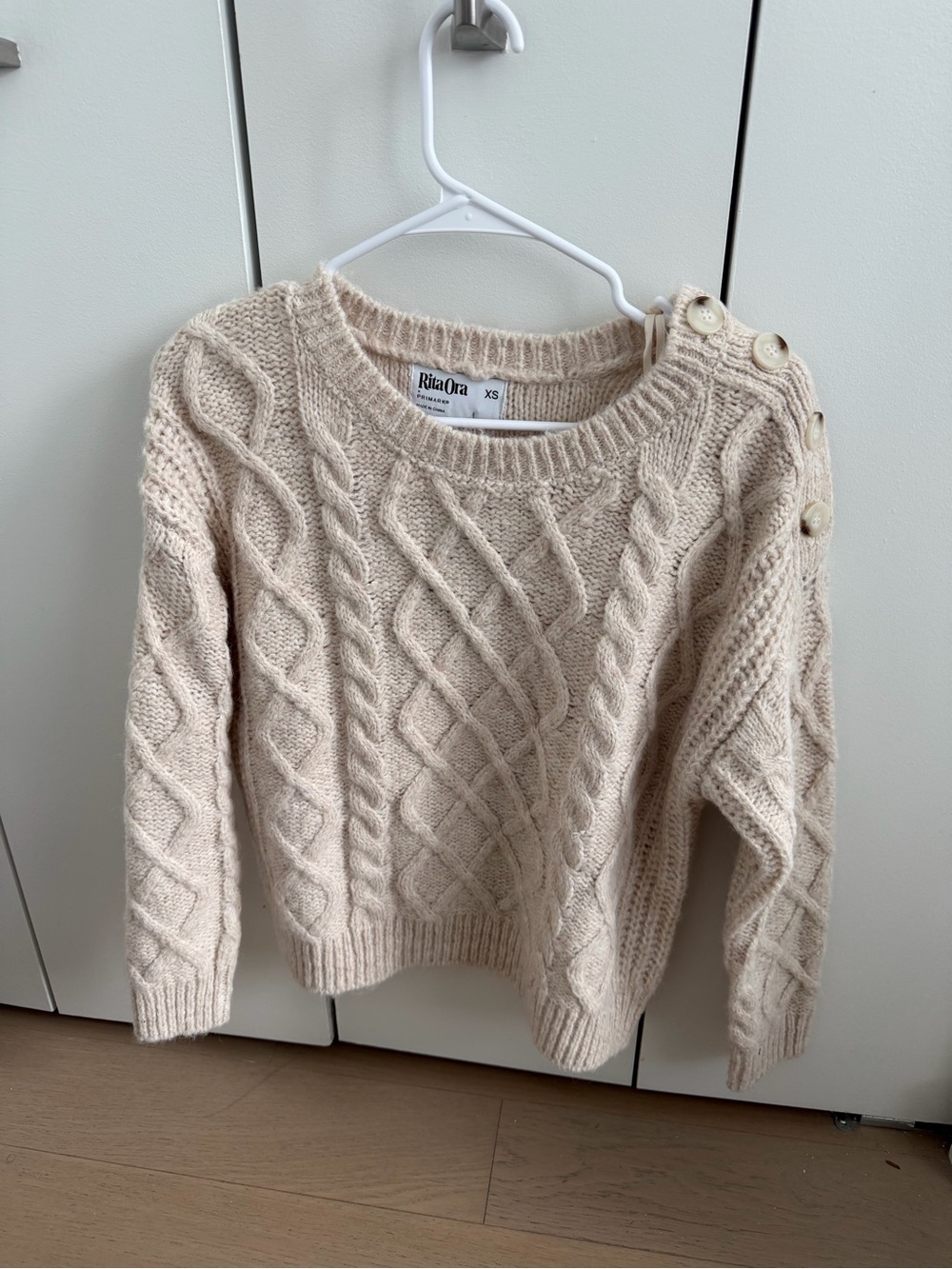 Primark Rita Ora Cream Cable Knit Crew Sweater with Shoulder Buttons - XS - NWT